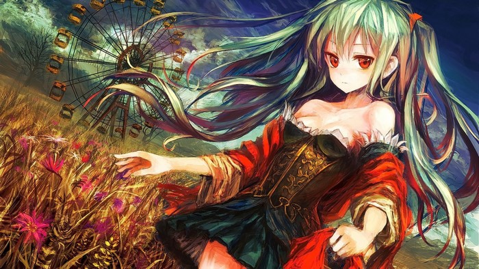 Anime girl with green hair and red eyes in a field