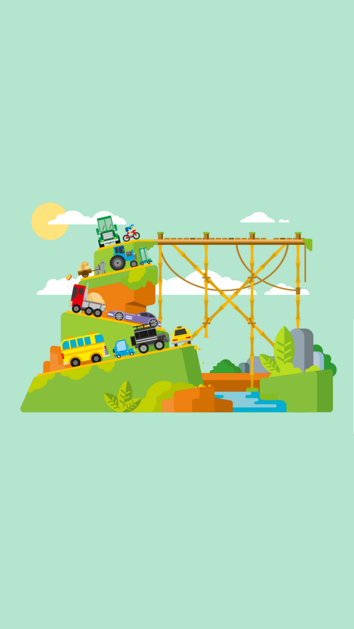 Cartoon vehicles on a multi-level landscape with a bridge