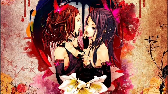 Two anime girls with butterflies and flowers