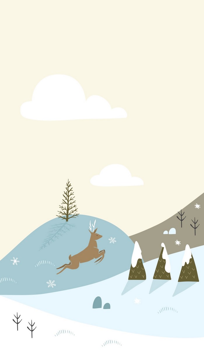 Deer jumping in a snowy landscape with trees and clouds