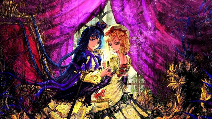 Two anime girls in ornate dresses with masks