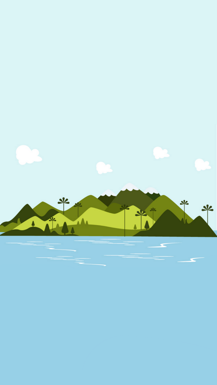 Illustration of a tropical island with mountains and sea