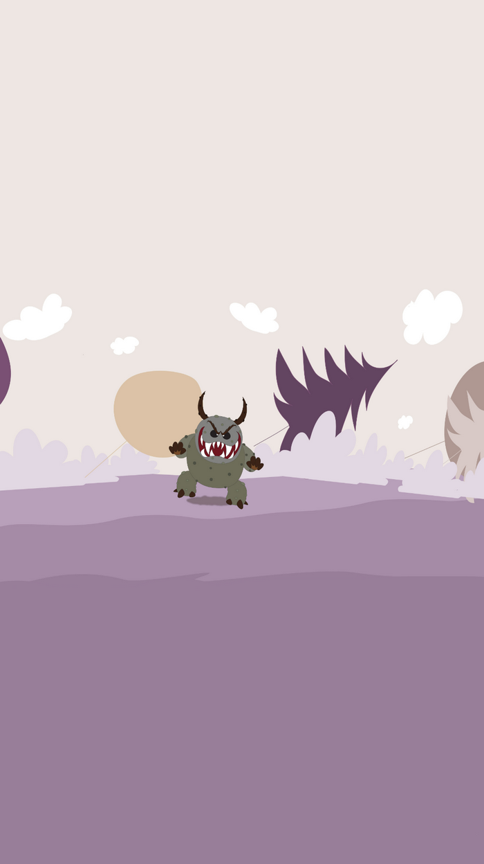 Cartoon monster in a minimalist landscape