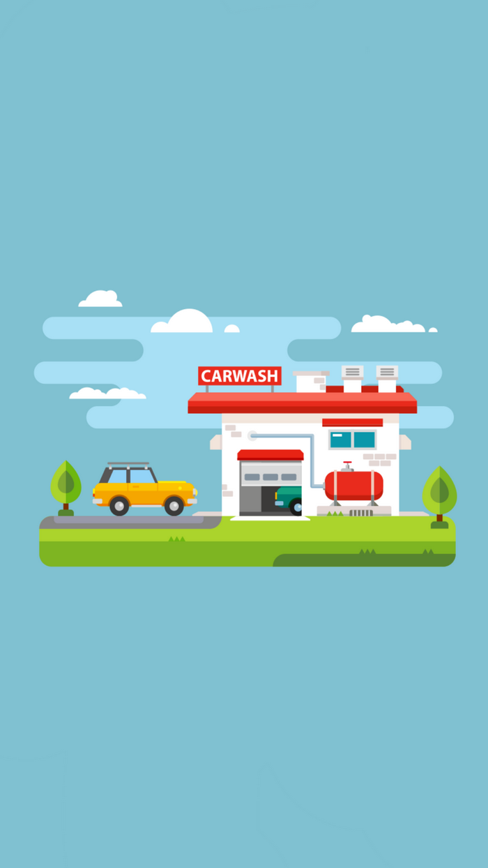 Car wash building with cars and trees