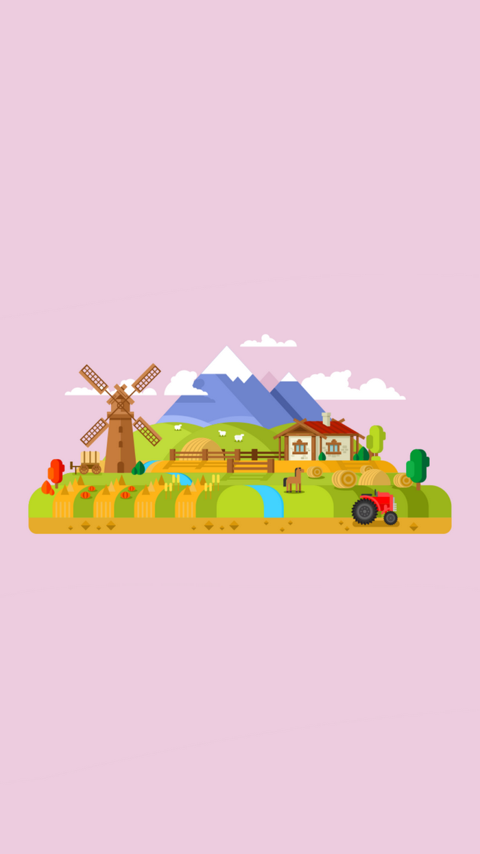 Flat illustration of a farm with mountains and a windmill