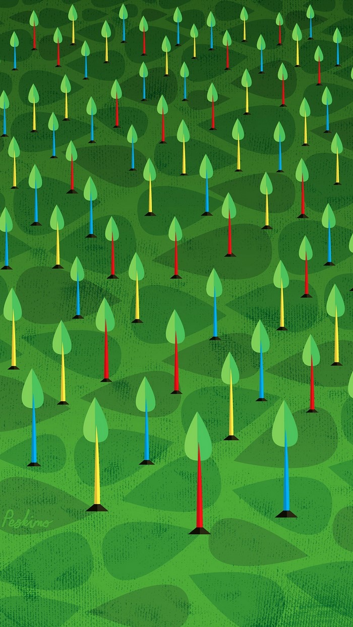 Minimalist trees with green leaves on a textured green field