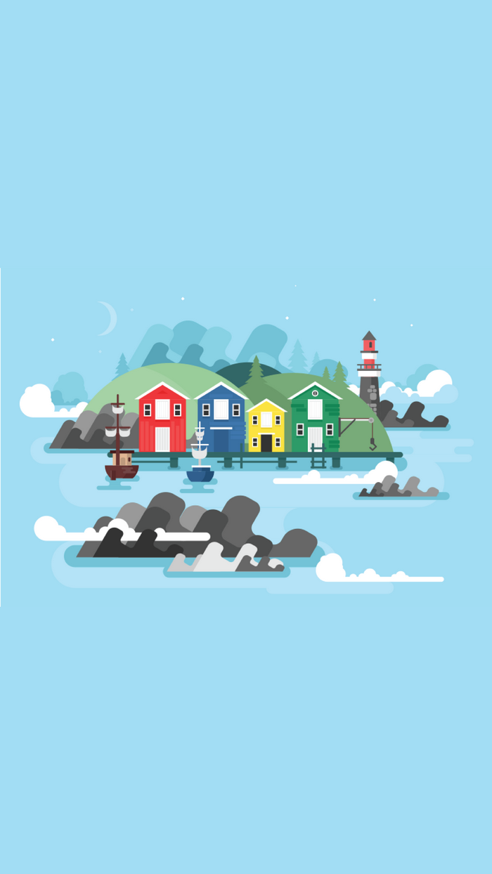 Colorful houses on a pier with boats and a lighthouse