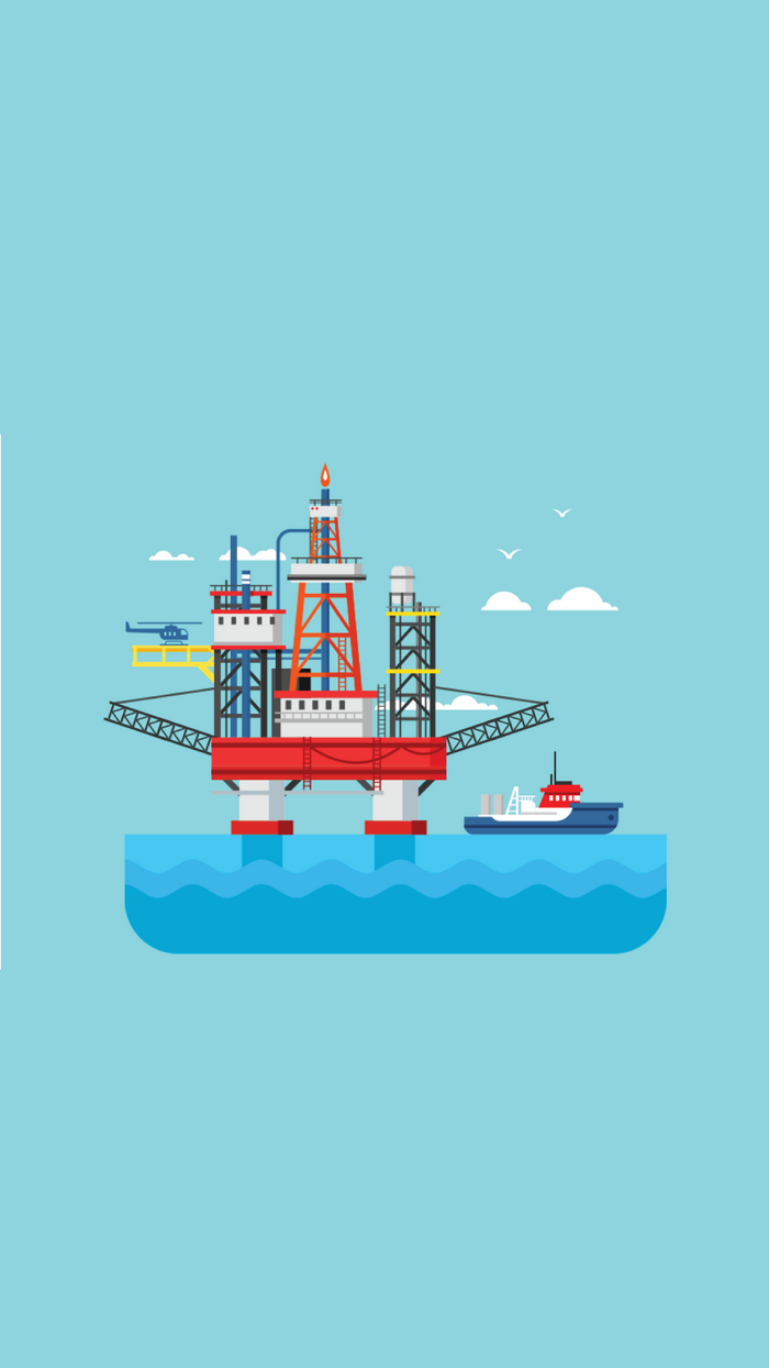 Oil platform with helicopter and ship in the ocean