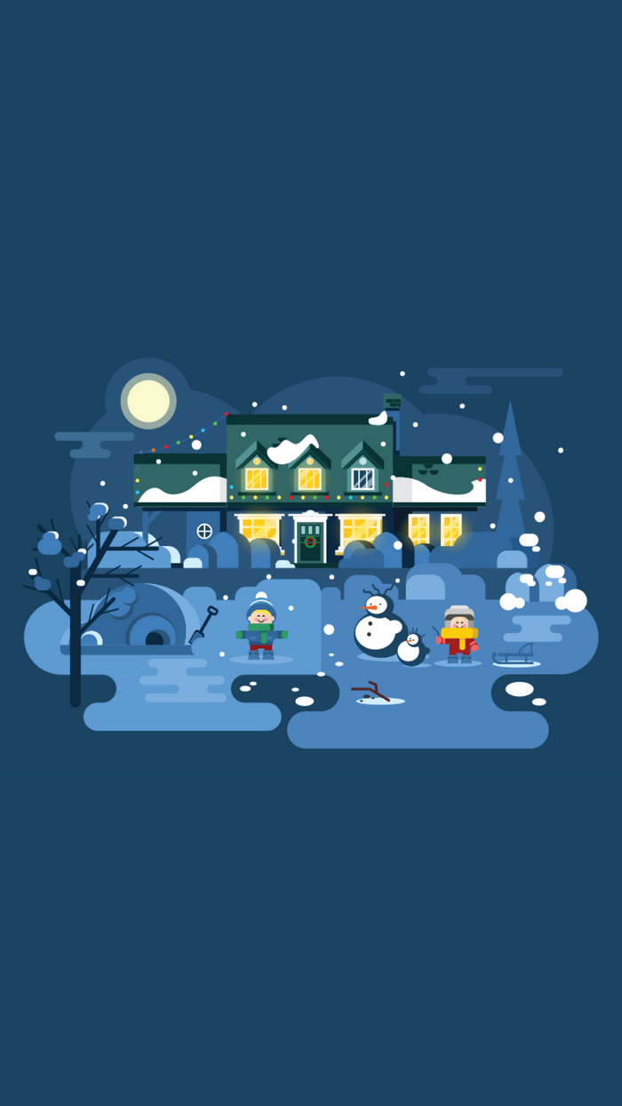Winter scene with children, snowmen, and a house