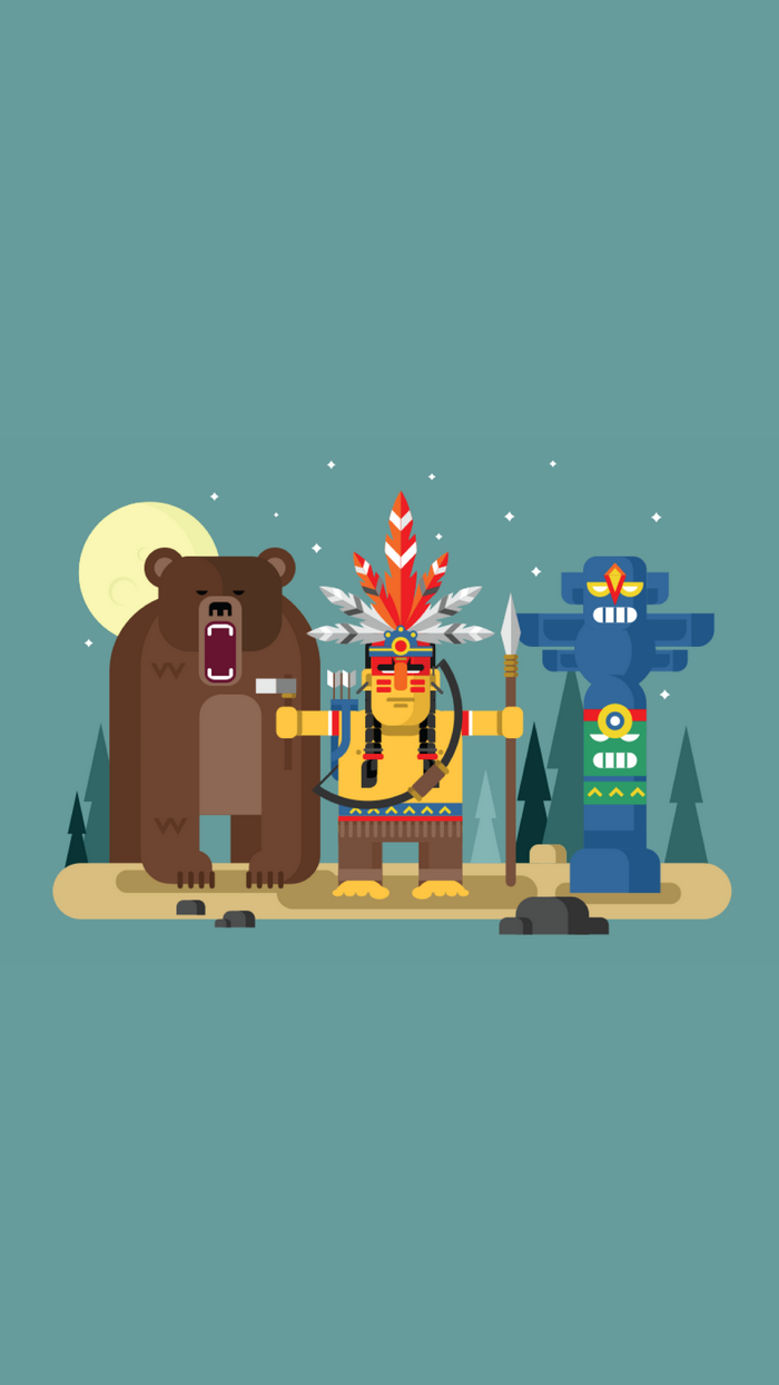 Native American man with bear and totem pole