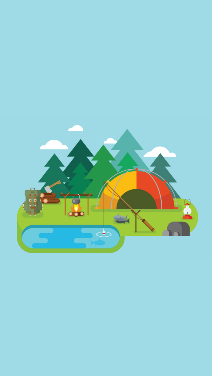 Camping scene with tent, campfire, fishing, and backpack