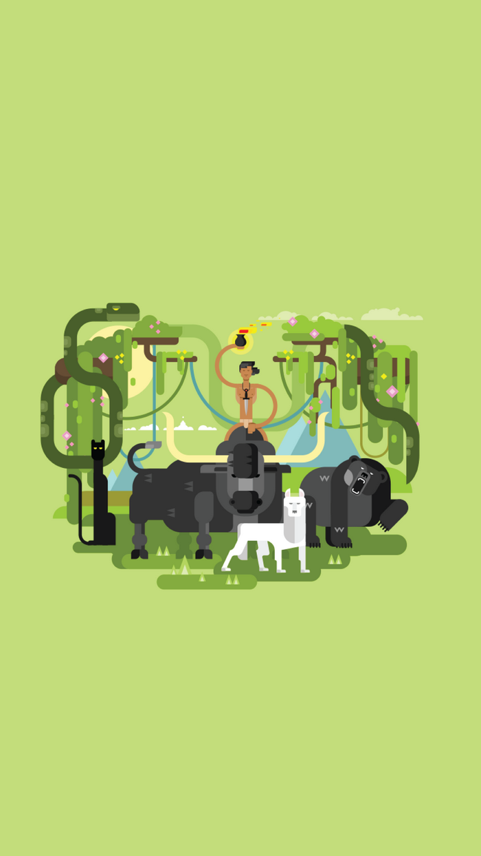 Jungle scene with man, bull, dog, bear, cat, and snake