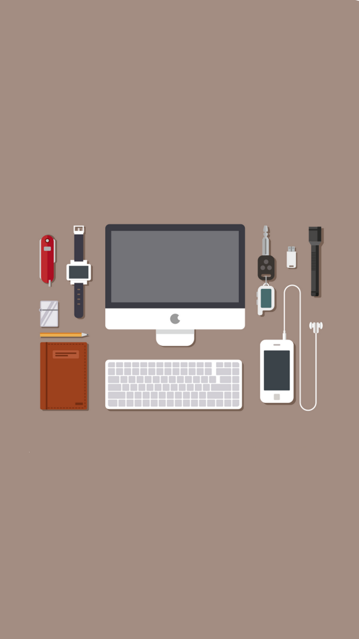 Flat design of computer, keyboard, smartphone, and accessories