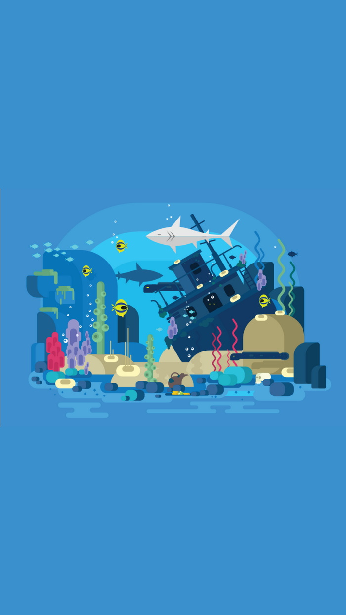Underwater shipwreck with sharks and fish