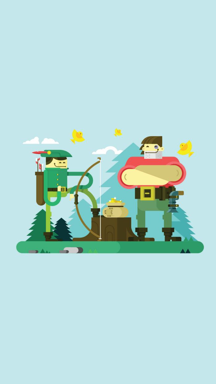 Two cartoon characters in a forest with a treasure chest