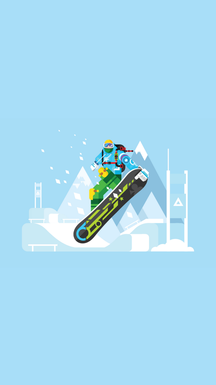 Snowboarder jumping over a ramp with mountains in the background