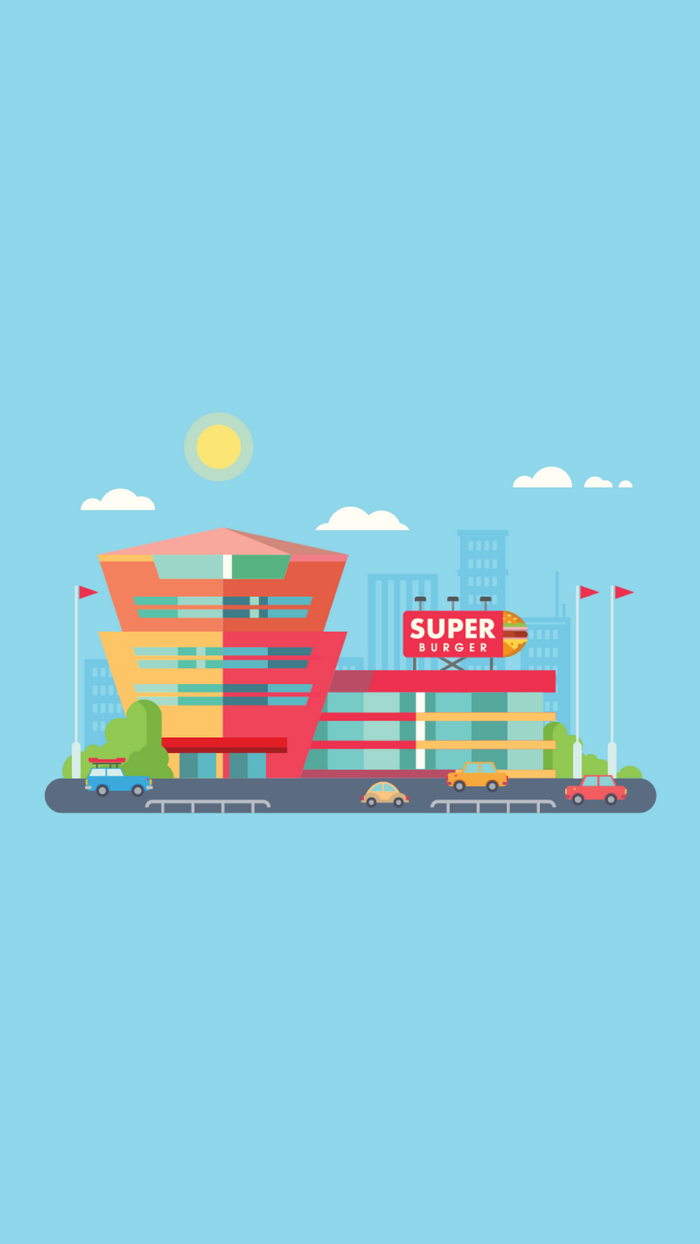 Super Burger restaurant building with cars and city skyline