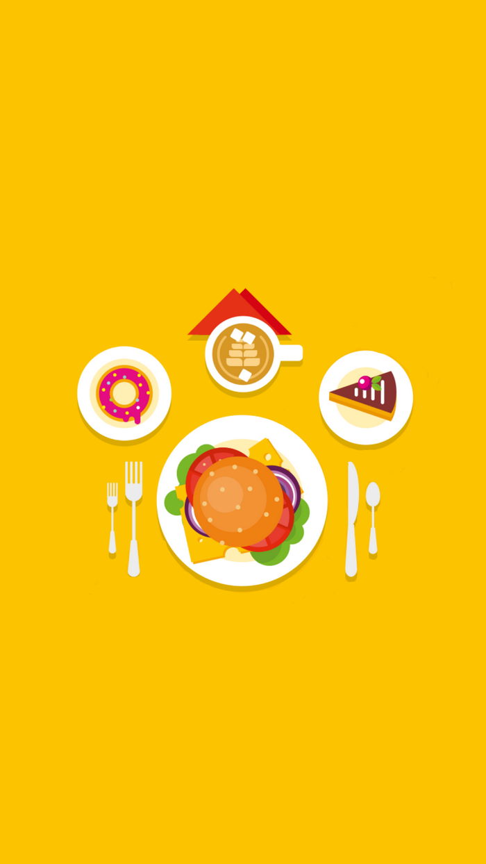 Food and drinks illustration with burger, donut, cake, and coffee