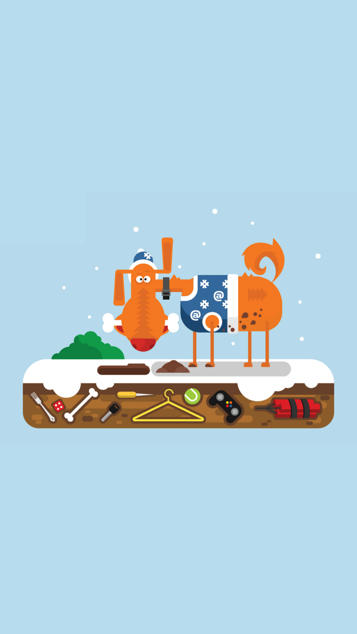 Orange dog in winter clothes with toys and tools