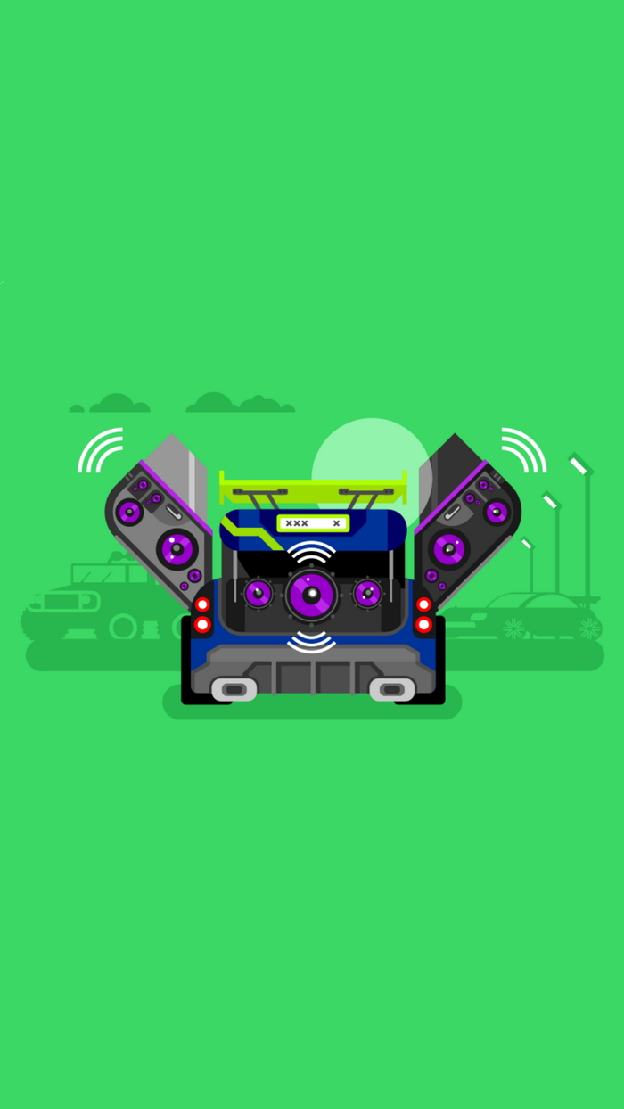 Car with open trunk and large speakers