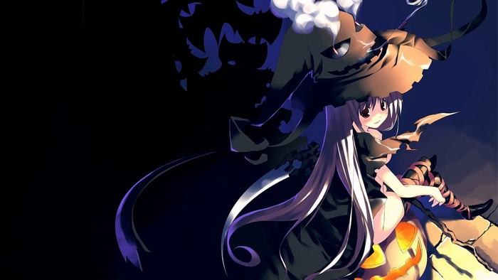 Anime girl in witch hat sitting on a pumpkin