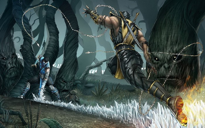 Scorpion and Sub-Zero from Mortal Kombat in a forest