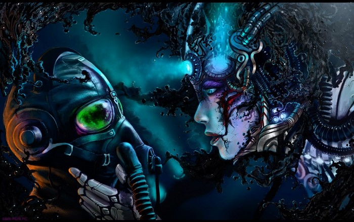 Cybernetic woman and masked figure in dark sci-fi art