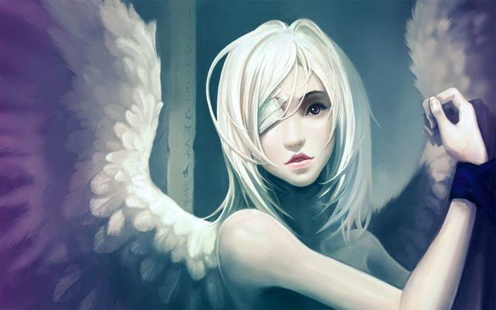 Fantasy art of an angel with white hair and a bandaged eye