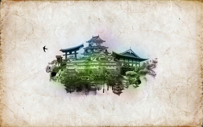 Collage of Japanese Architecture and a Bird