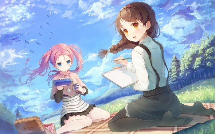 Anime girls having a picnic and drawing