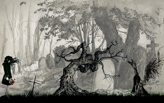 Girl and winged figure in a graveyard with a gnarled tree