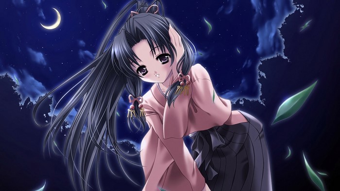 Anime girl with long dark hair at night