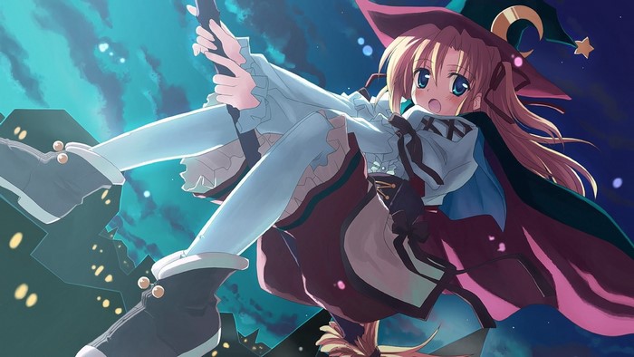 Anime girl in witch hat flying on broomstick at night