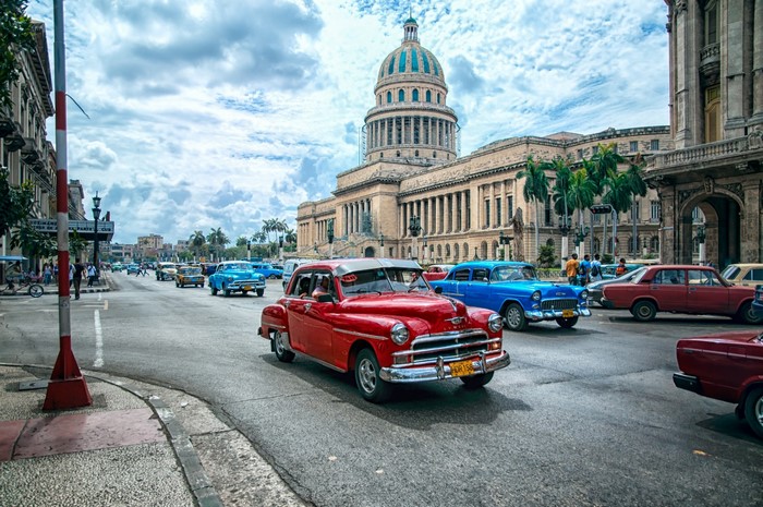 Classic cars in front of the Capitol building in Havana, Cuba