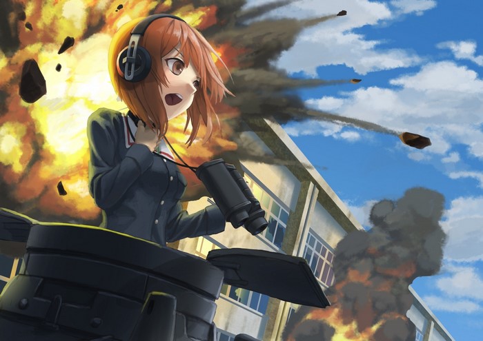 Miho Nishizumi from Girls und Panzer in a tank during an explosion