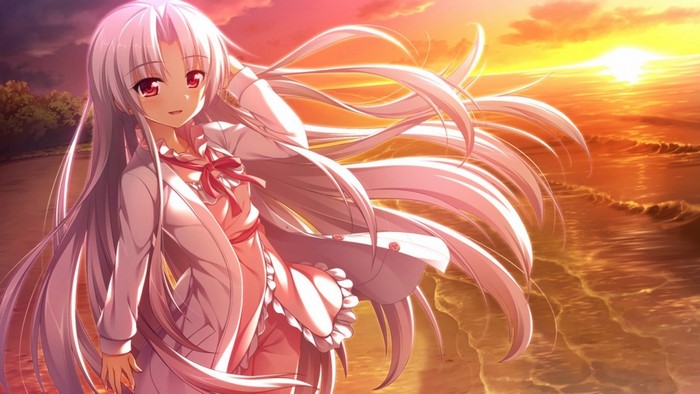 Anime girl with pink hair at sunset by the water