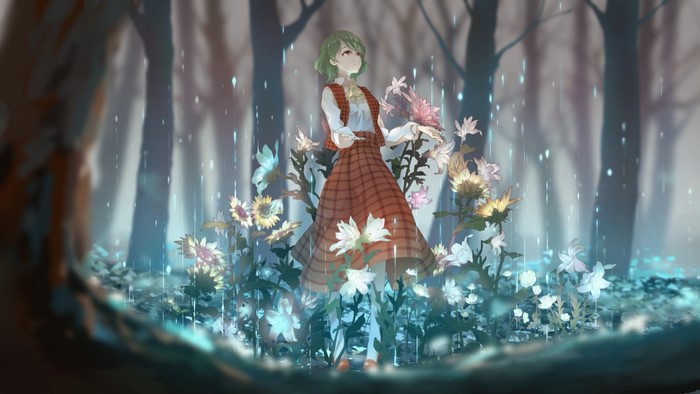 Anime girl with green hair in a forest with flowers and rain