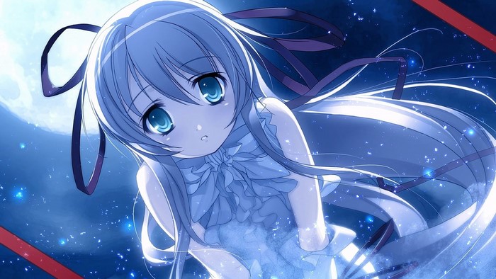 Anime girl with long hair and blue eyes under the moon