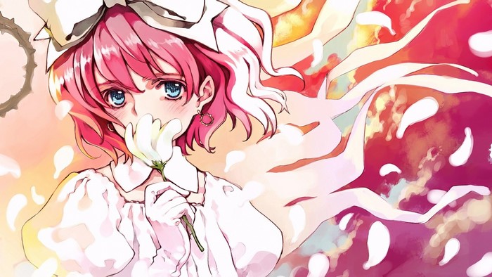 Anime girl with pink hair holding a white flower