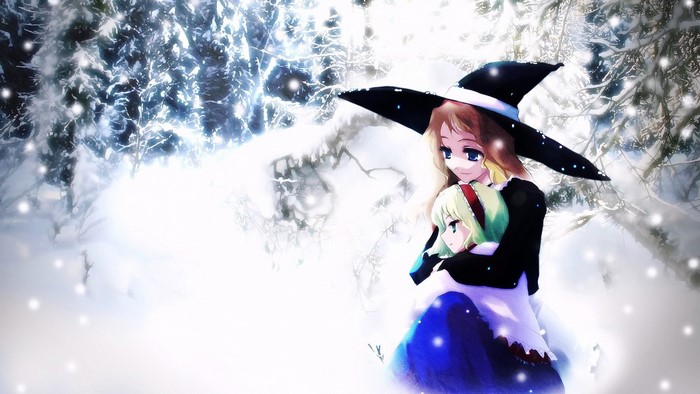 Two anime girls in a snowy forest