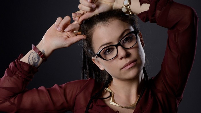 Tatiana Maslany wearing glasses in a photo shoot