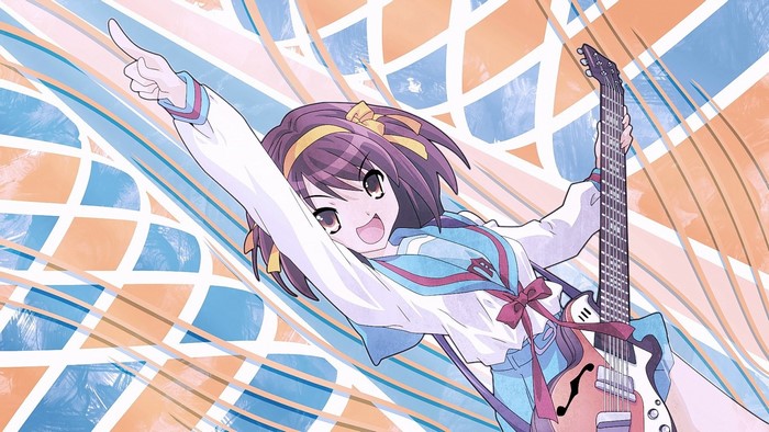 Haruhi Suzumiya from The Melancholy of Haruhi Suzumiya playing guitar