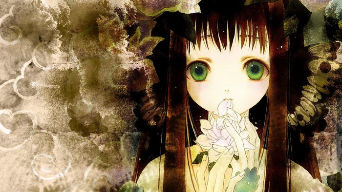Anime girl with green eyes holding a flower