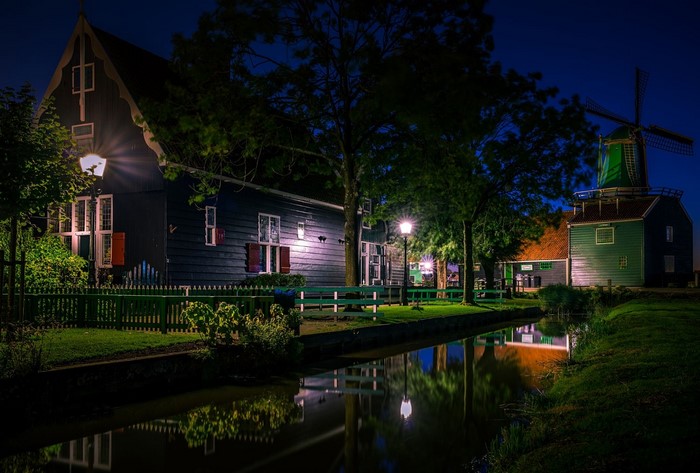 Night Scene of Dutch Windmill and Canal