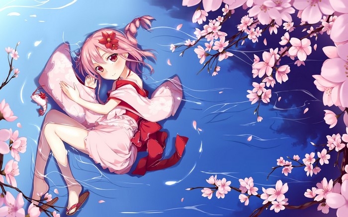 Anime girl with pink hair and cherry blossoms