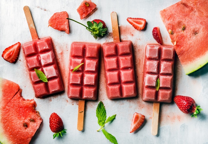 Watermelon and Strawberry Popsicles with Mint