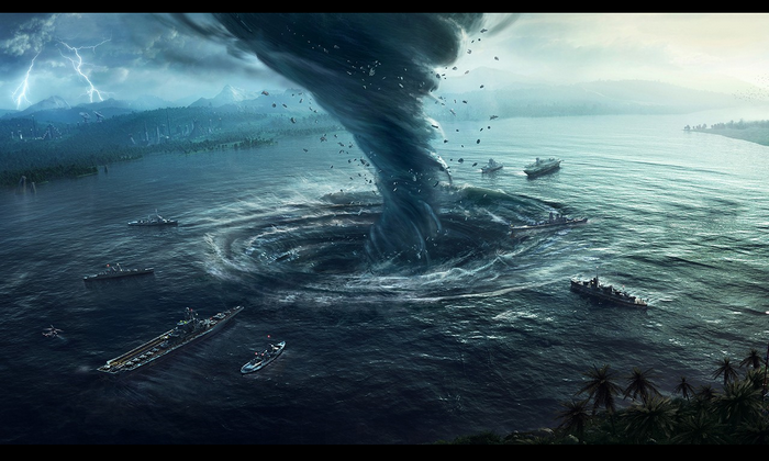Massive tornado engulfs ships in stormy ocean with lightning