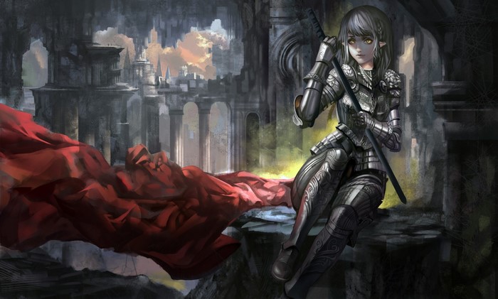 Anime girl in armor with sword in ruins