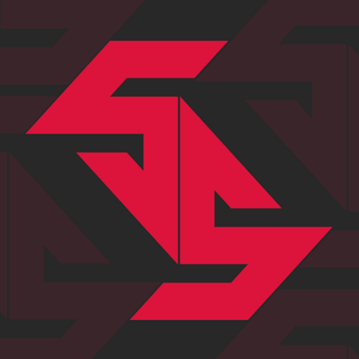 Red abstract geometric logo on dark background