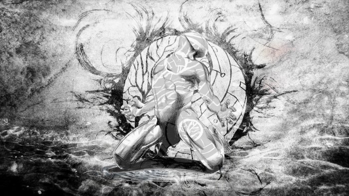 Monochrome drawing of a kneeling figure with markings